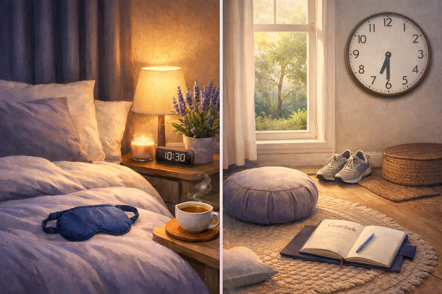 Calming bedroom and lifestyle scene (1536x1024) illustrating stress reduction and sleep optimization for weight loss. Split composition show