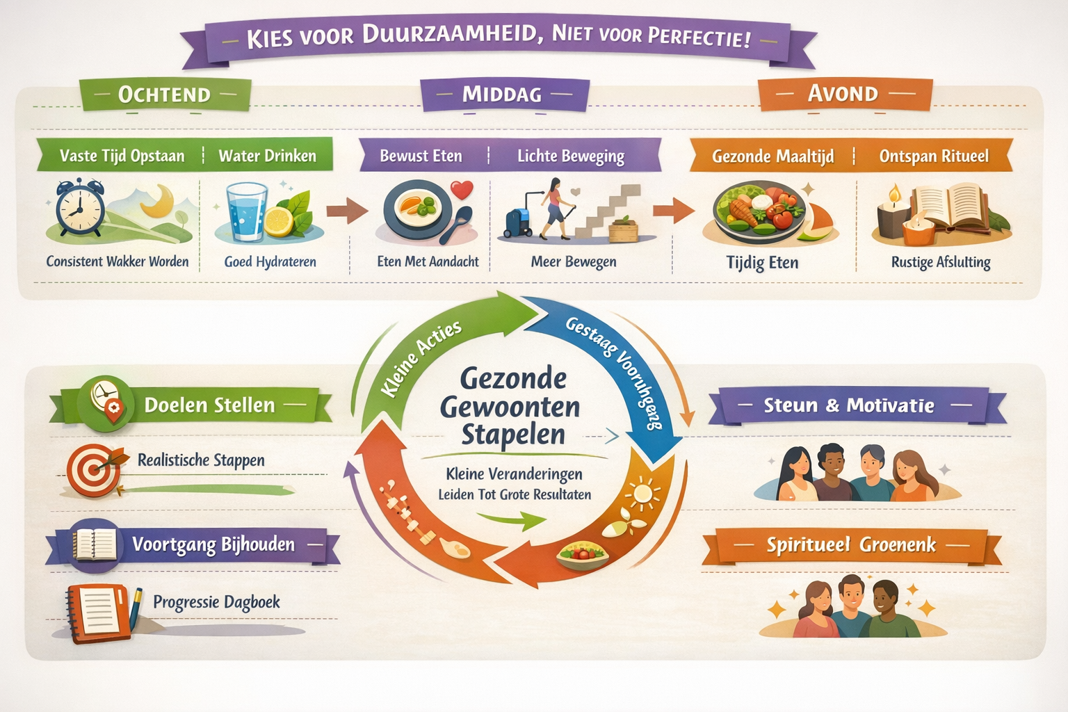 Comprehensive visual guide (1536x1024) showing sustainable lifestyle changes and daily habits for long-term weight management without sports