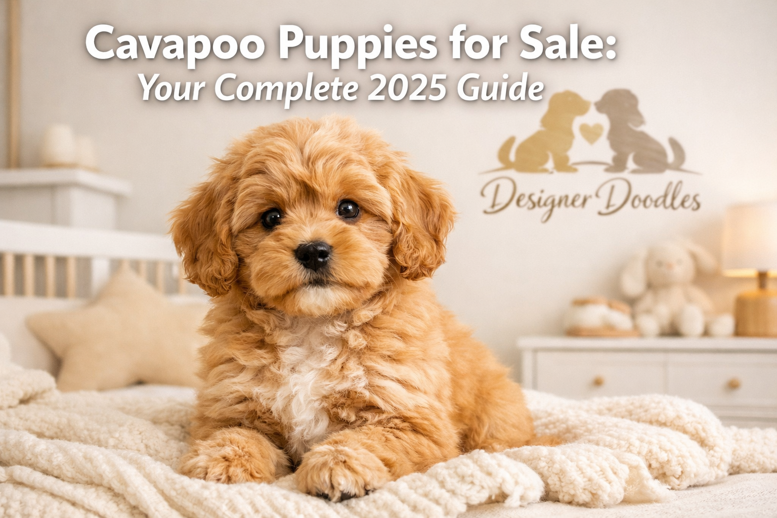 Professional landscape hero image (1536x1024) featuring an adorable fluffy Cavapoo puppy with soft wavy apricot coat sitting in a modern, cl
