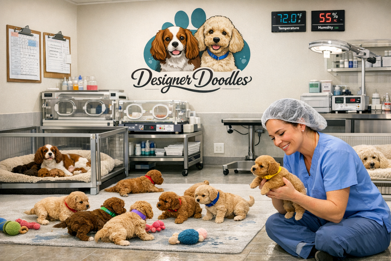Landscape image (1536x1024) depicting a professional Cavapoo breeding facility whelping room with Designer Doodles logo prominently displaye