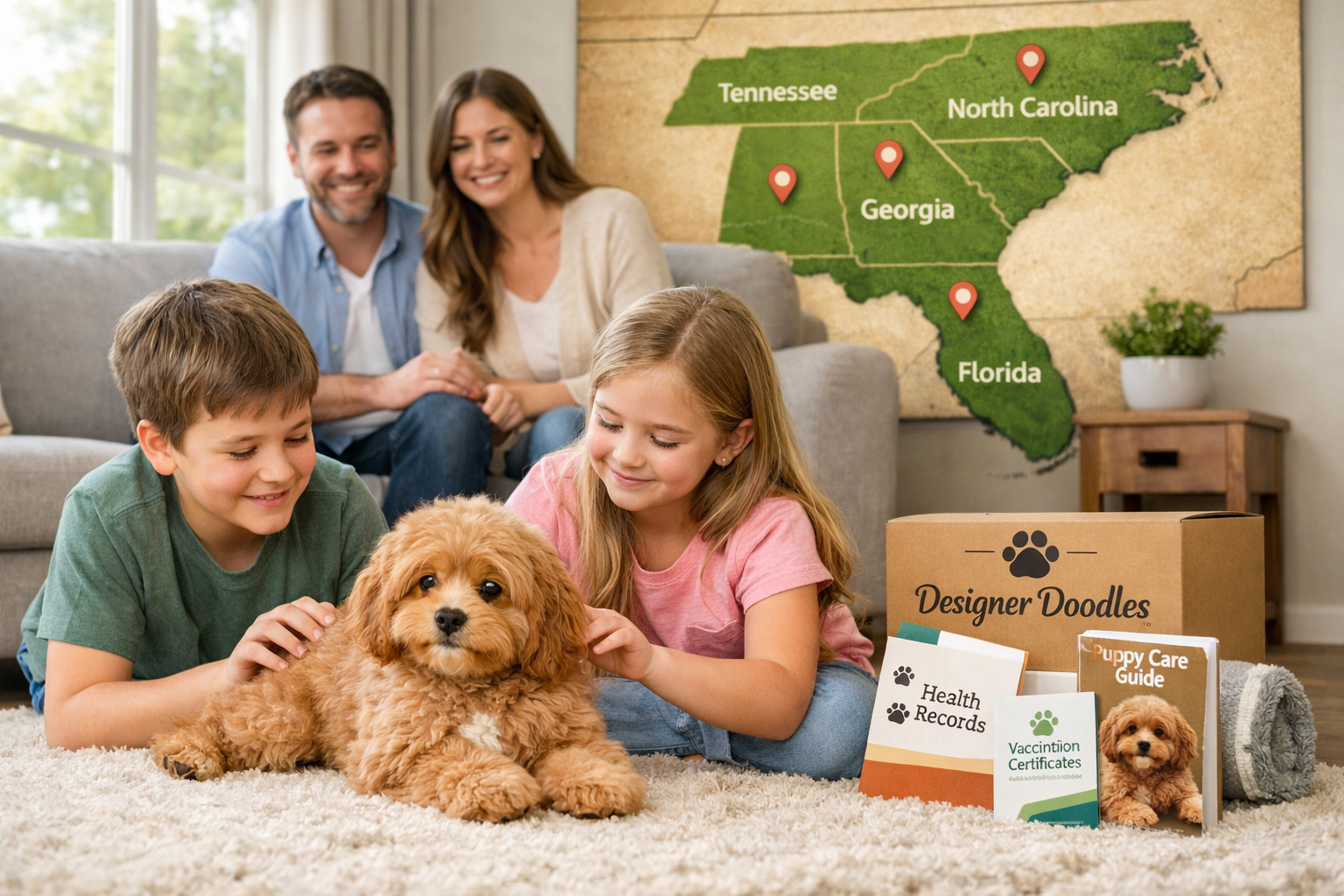 Landscape image (1536x1024) featuring a happy family in modern living room with their new Cavapoo puppy. Children gently playing with fluffy