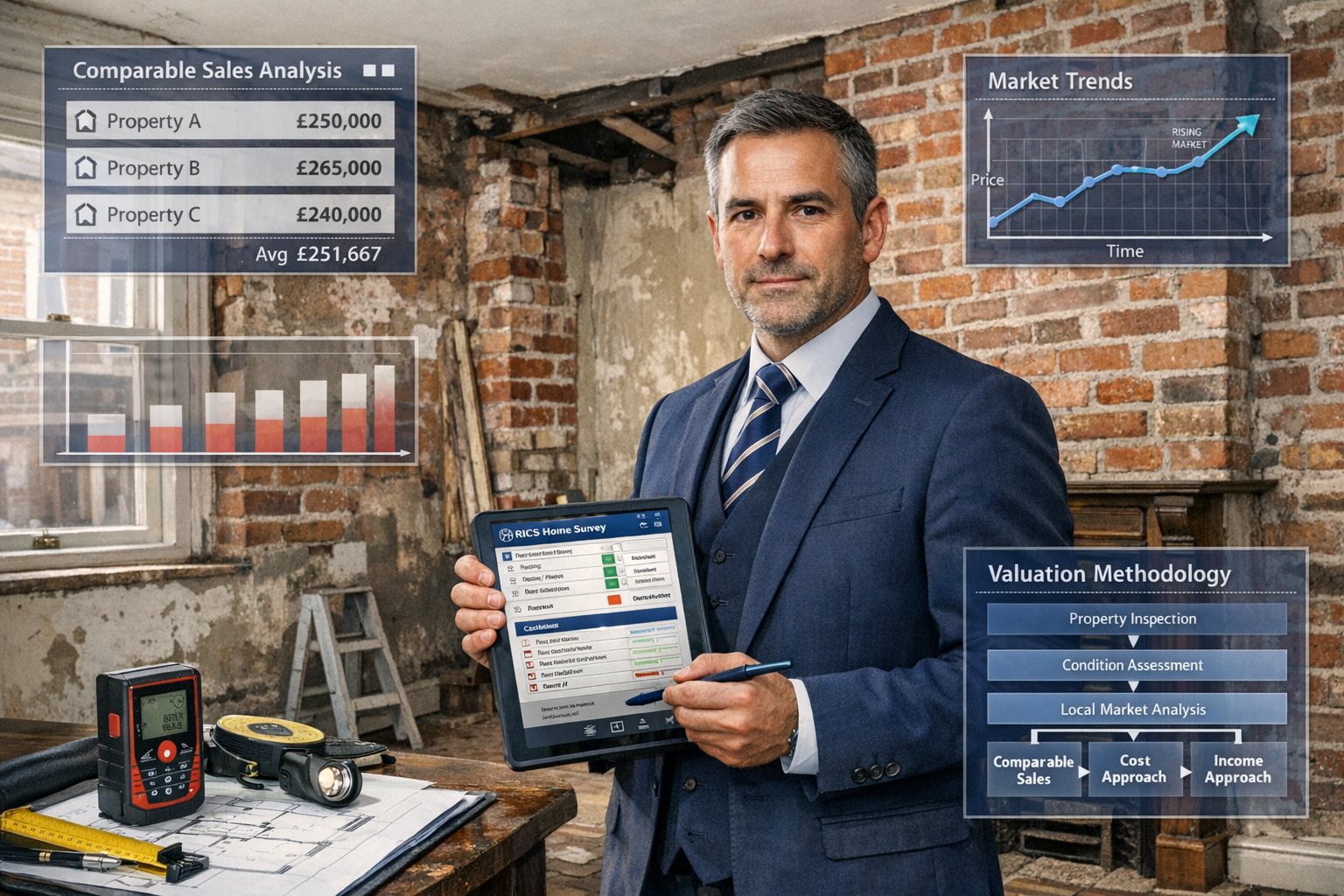 Detailed landscape format (1536x1024) illustration of RICS-qualified chartered surveyor conducting property valuation in Northern England Vi