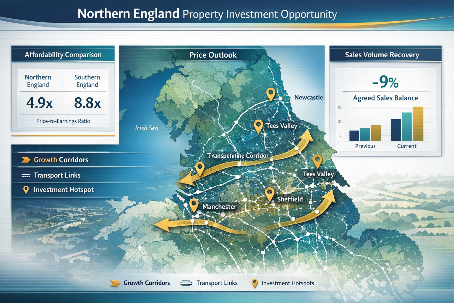 Detailed landscape format (1536x1024) strategic planning visualization showing Northern England property investment opportunity zones. Large