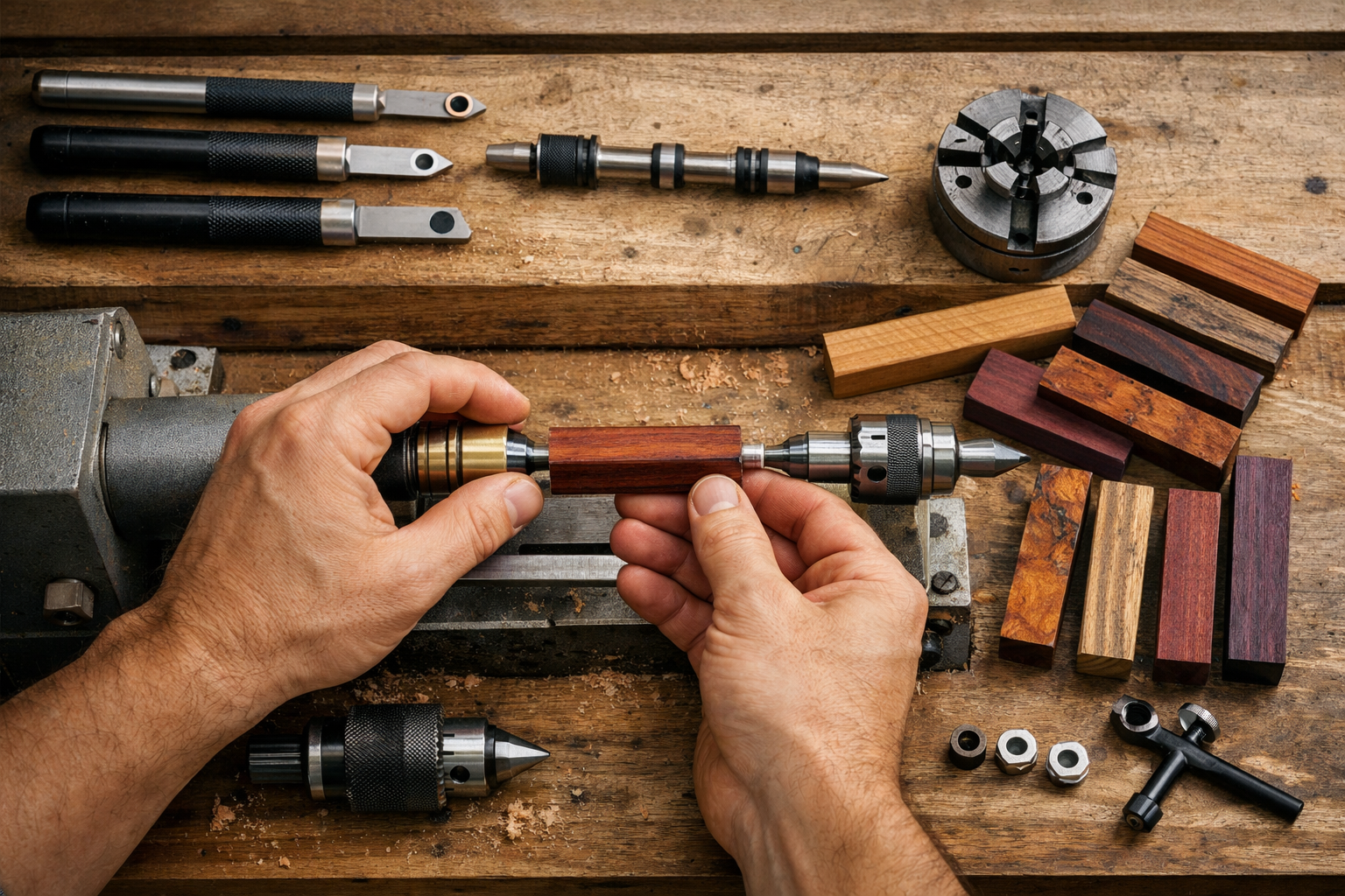 Editorial-style photography showcasing a beginner woodworker's workbench with essential lathe turning tools: carbide cutting