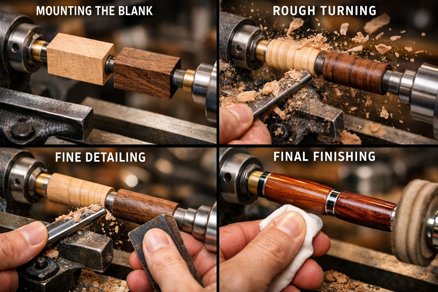 Photorealistic step-by-step process visualization of wooden pen creation, split-screen sequential imagery showing wood blank