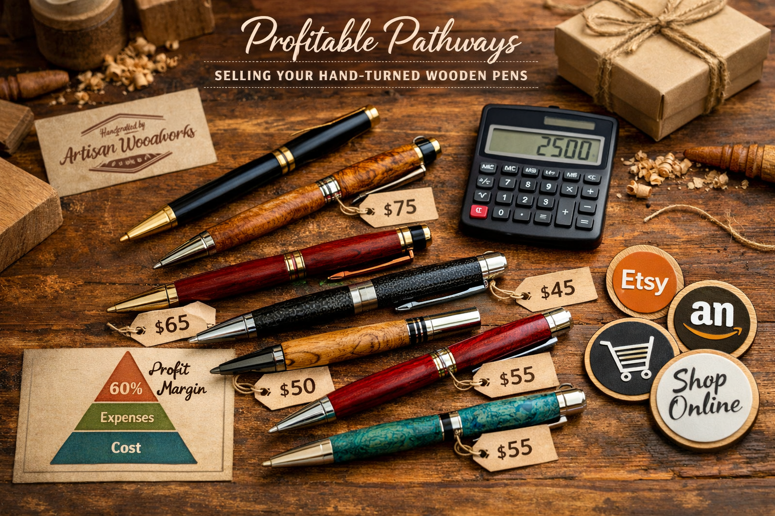Entrepreneurial product photography displaying hand-turned wooden pens arranged in professional marketing composition: