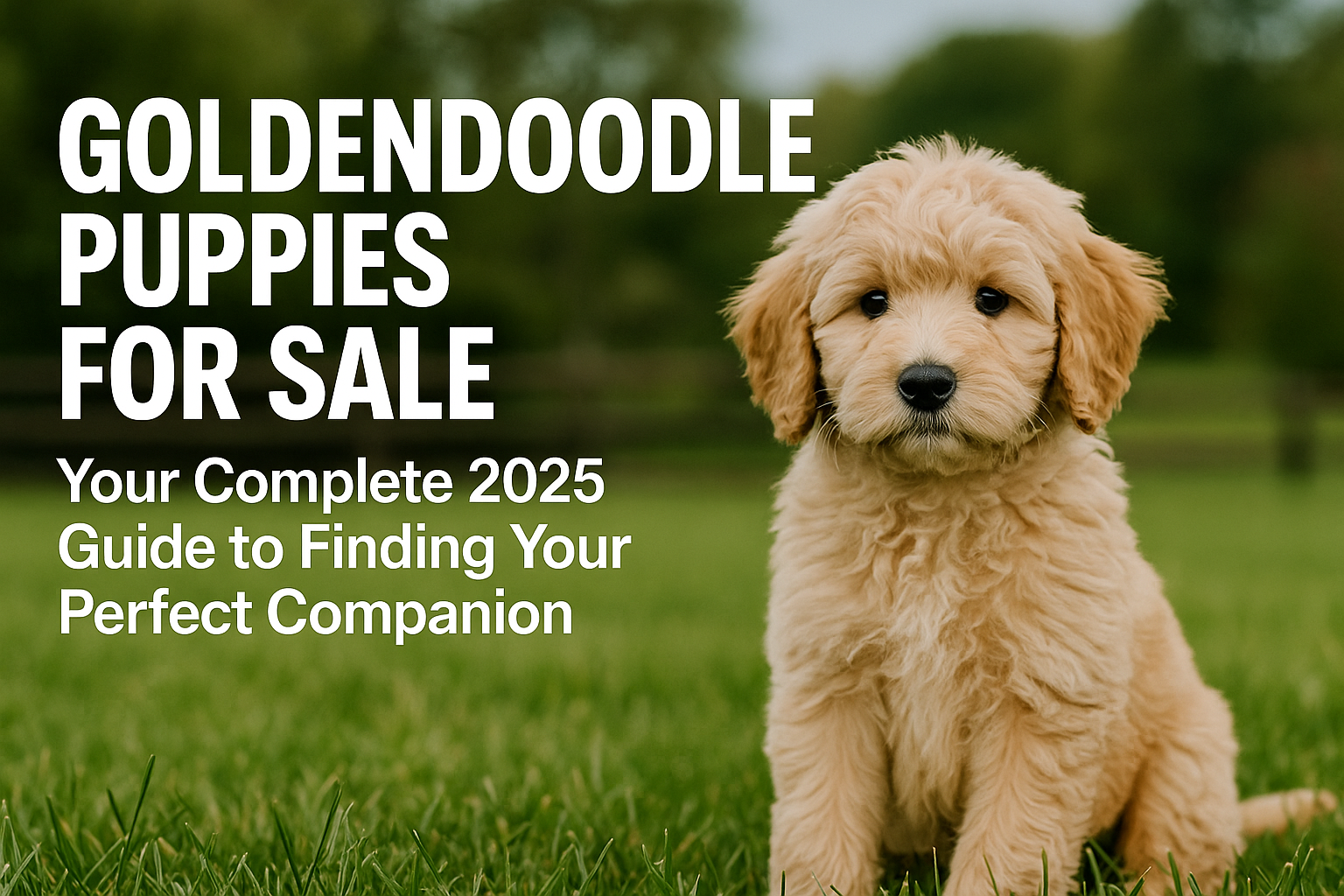 Professional landscape hero image (1536x1024) with bold text overlay: "Goldendoodle Puppies for Sale: Your Complete 2025 Guide to Finding Yo