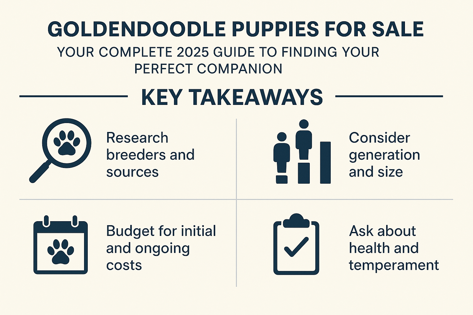 Professional landscape infographic (1536x1024) for article "Goldendoodle Puppies for Sale: Your Complete 2025 Guide to Finding Your Perfect