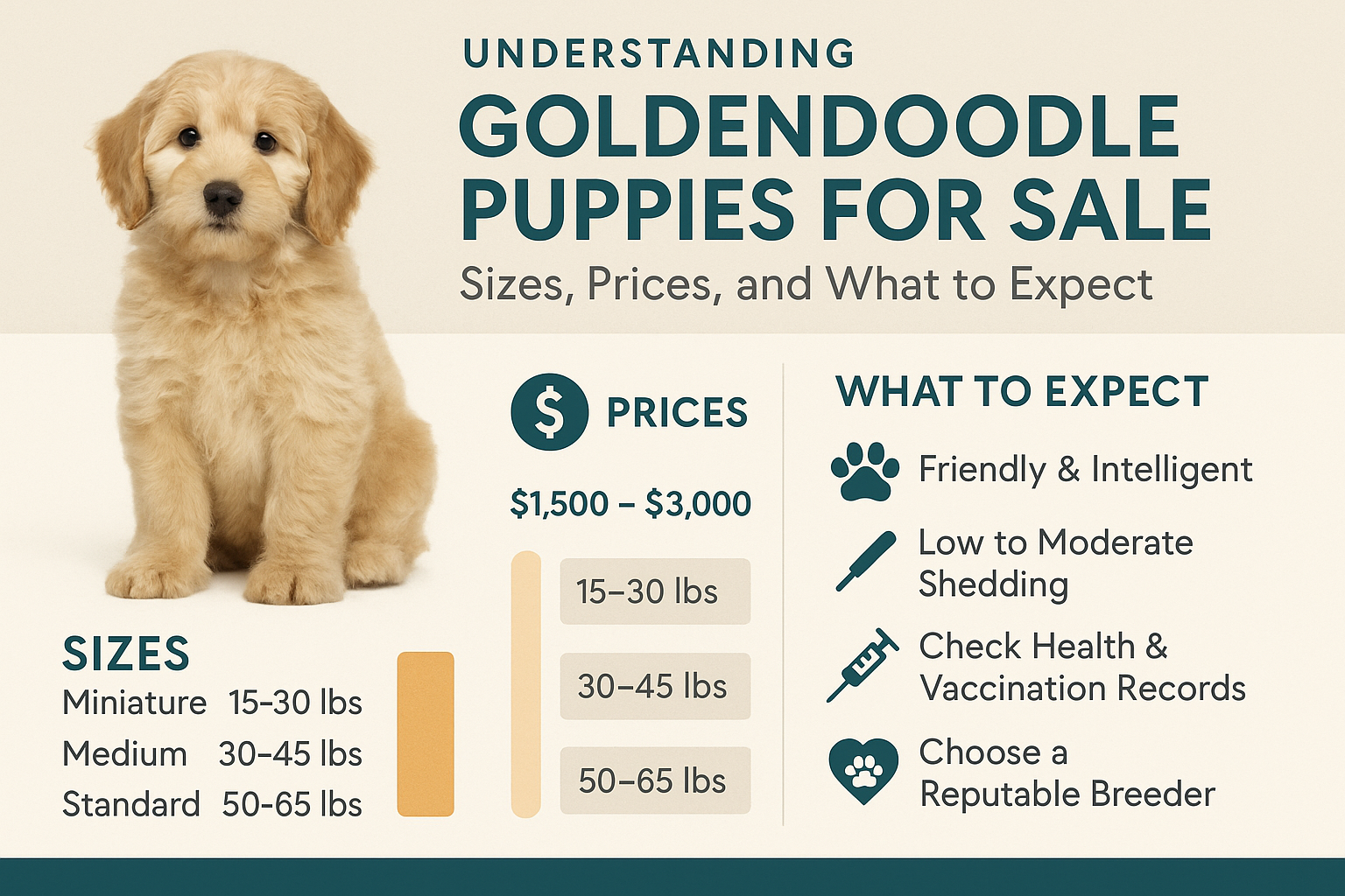 Professional landscape infographic (1536x1024) for article "Goldendoodle Puppies for Sale: Your Complete 2025 Guide to Finding Your Perfect