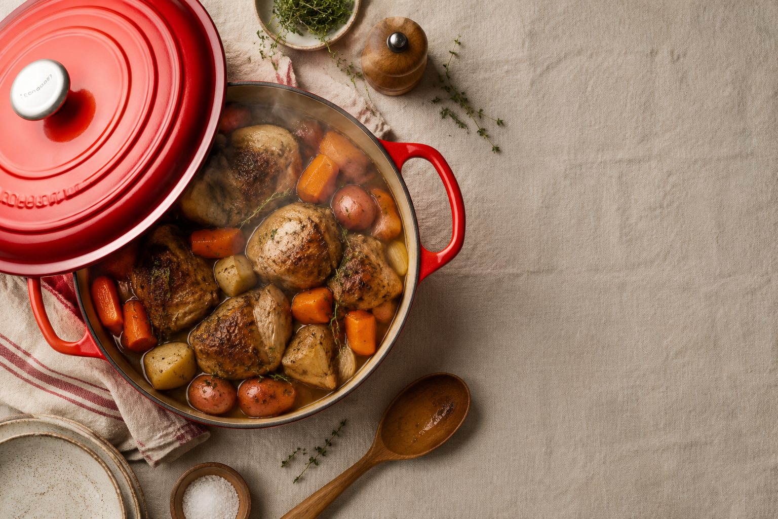 Landscape format (1536x1024) top-down flat lay photograph of a Le Creuset Signature Braiser in Cerise red on a natural linen tablecloth, surrounded by a family-style braised chicken dish with root vegetables, fresh thyme sprigs, and a wooden serving spoon. Steam rising from the open braiser. Warm natural light from the left, rustic farmhouse kitchen aesthetic, rich saturated colors, editorial food photography style with generous negative space on the right side for text overlay. What Can I Cook in a Le Creuset Braiser That I Cannot Do in Other Pans