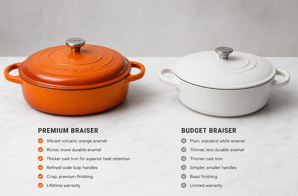 Landscape format (1536x1024) side-by-side comparison scene showing a Le Creuset Signature Braiser in Volcanic orange next to a competing budget enameled cast iron braiser in plain white, both on a clean white marble countertop. The Le Creuset piece shows richer enamel color, thicker walls, and more refined handle design. Professional studio lighting with soft shadows, minimalist product photography style, neutral background, subtle brand logo visible on Le Creuset piece, high contrast and crisp detail. Can I Use a Braiser on an Induction Cooktop
