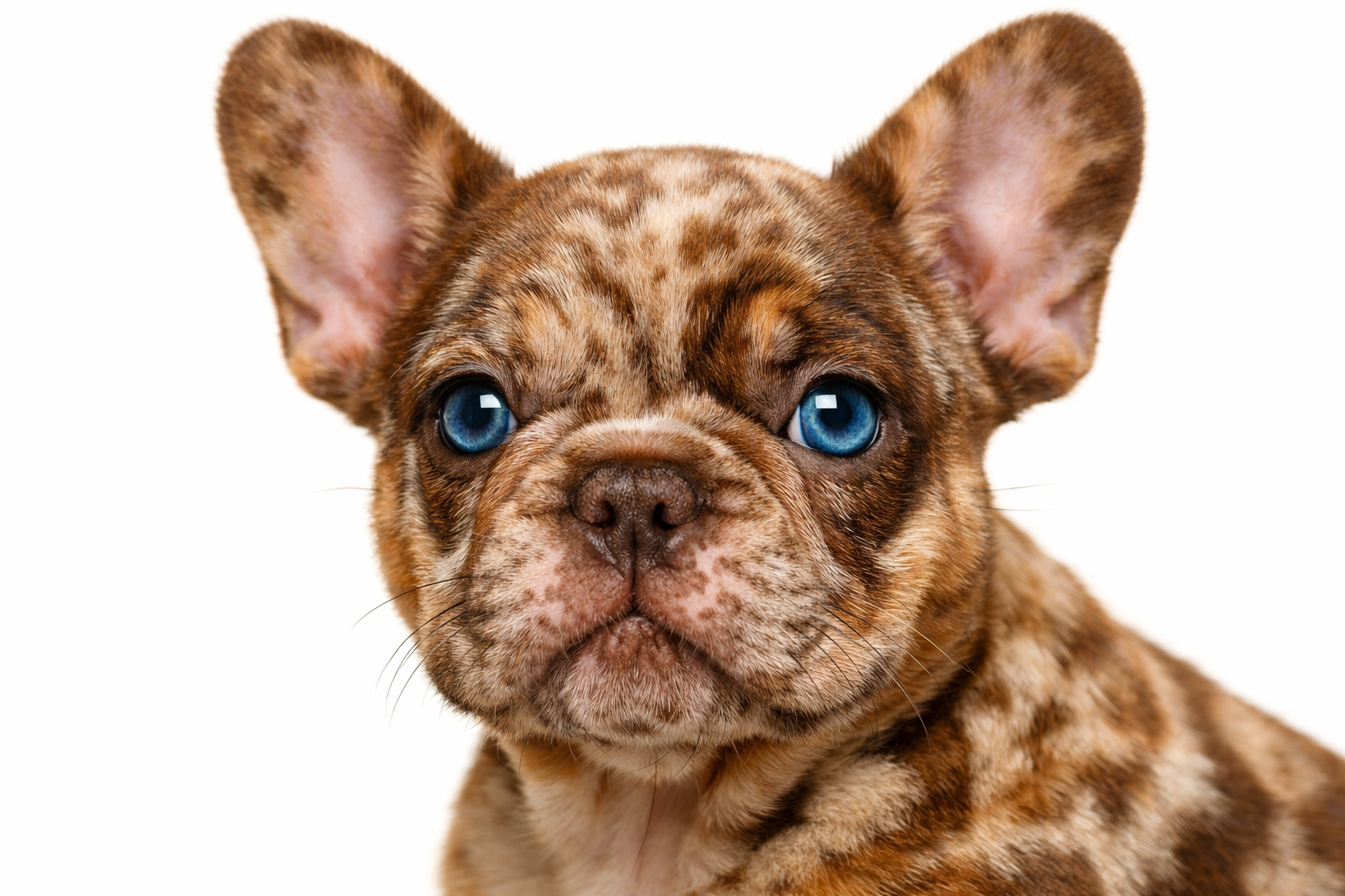 Close-up portrait of a rojo merle French Bulldog puppy face, showing the distinctive red-brown base coat with swirling merle