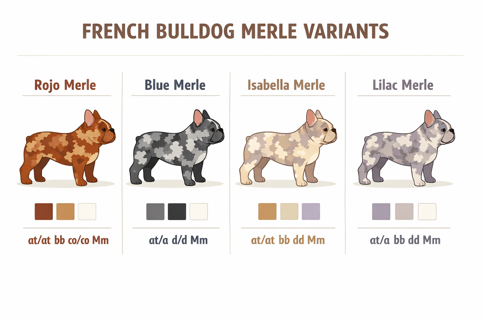 Side-by-side comparison infographic showing four French Bulldog color variants: rojo merle, blue merle, isabella merle, and