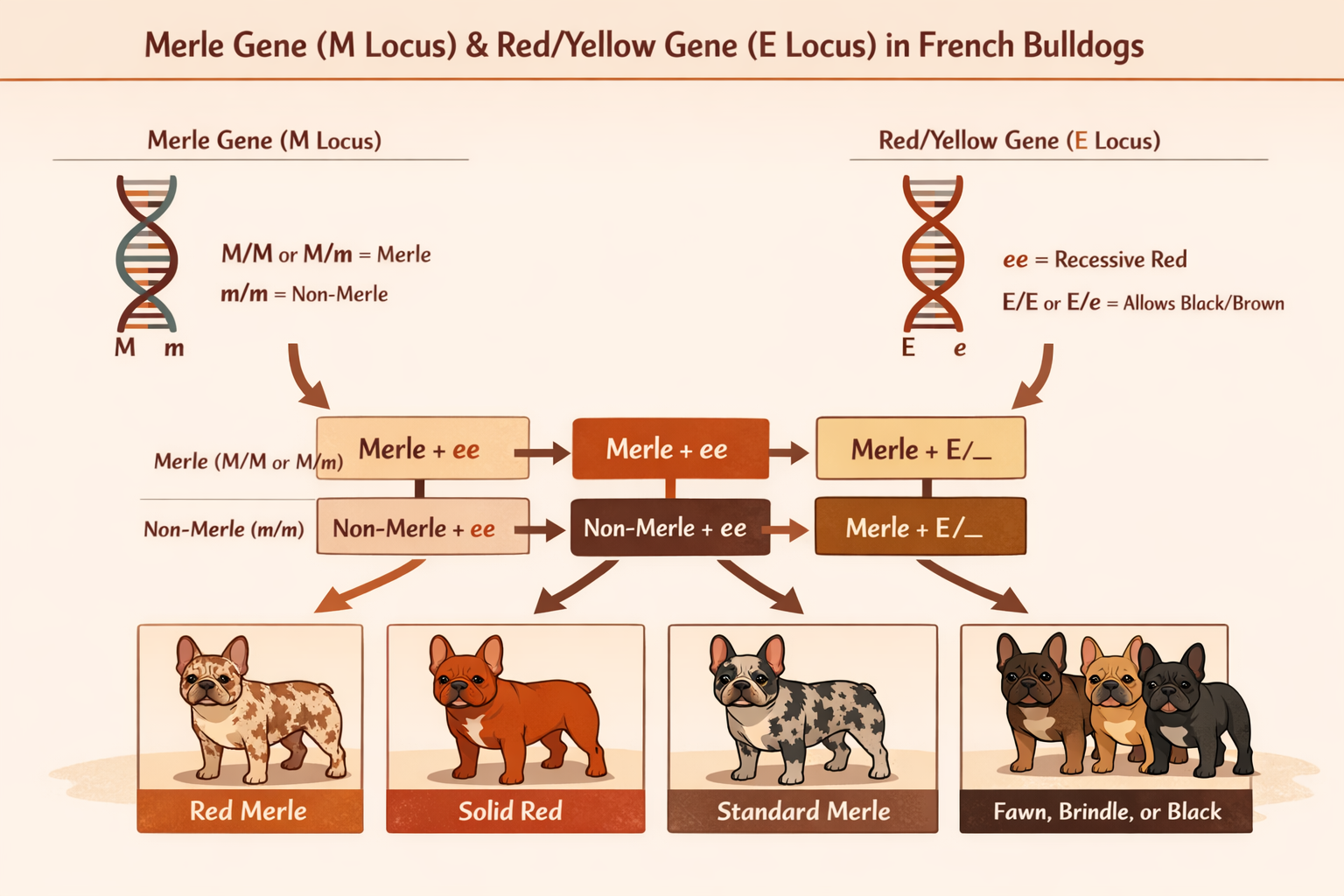 DNA genetics diagram illustration showing the interaction of the merle gene (M locus) with the rojo/red gene (e locus) in