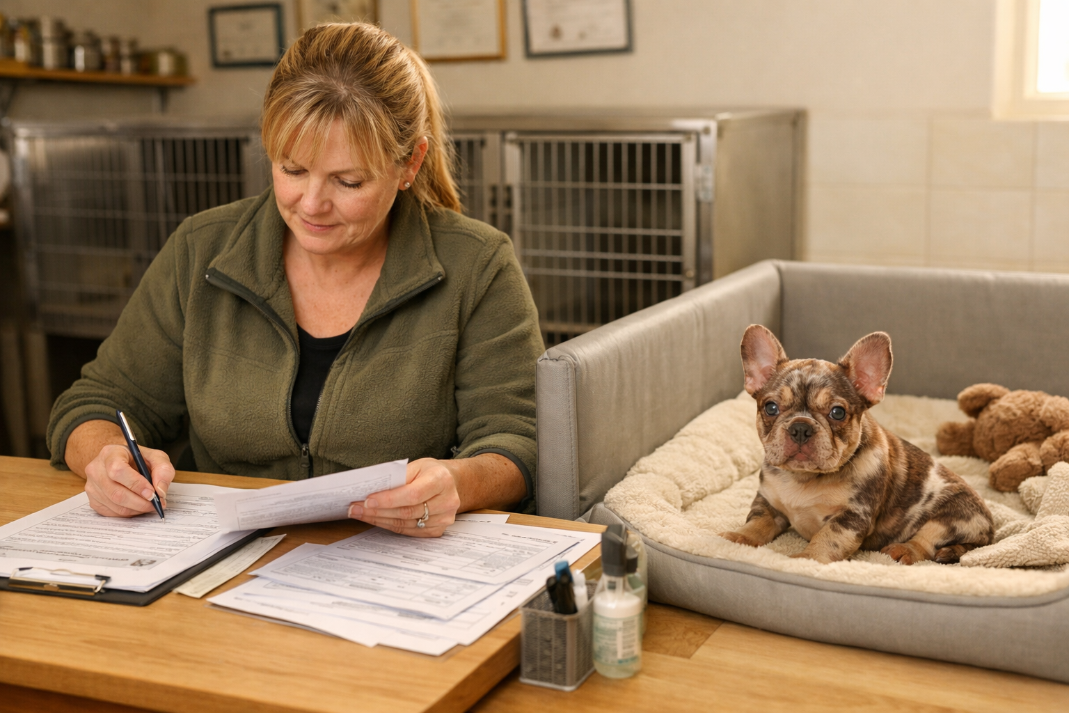 Responsible breeder scene: a professional French Bulldog breeder reviewing health test documents and puppy records at a
