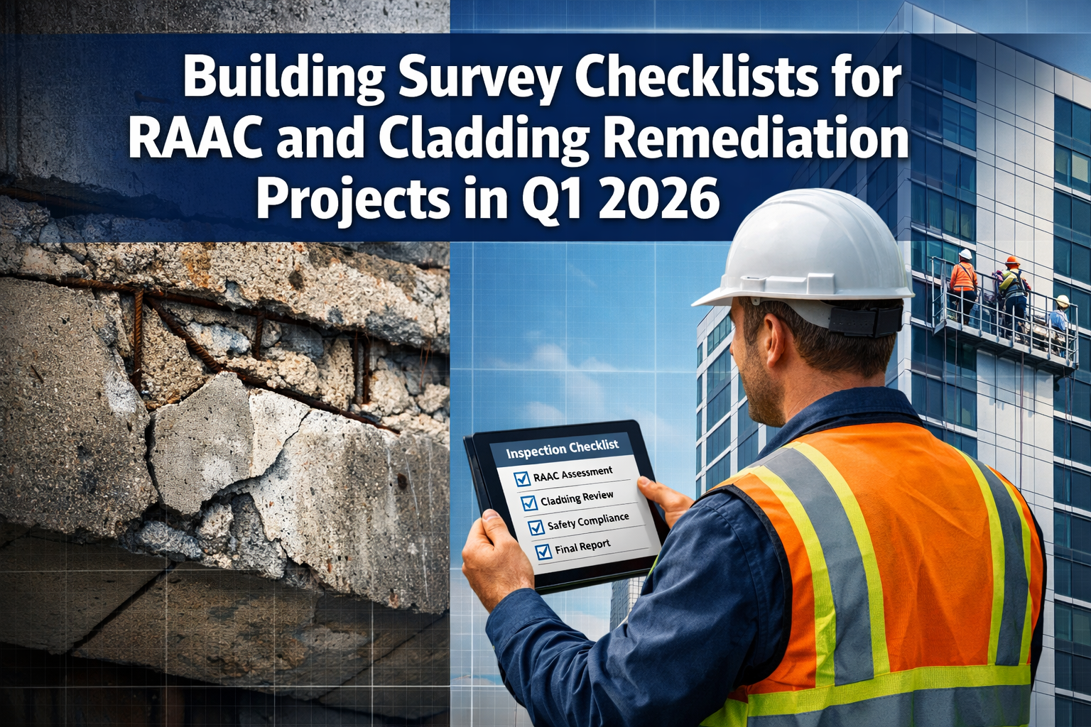 Professional () hero image featuring 'Building Survey Checklists for RAAC and Cladding Remediation Projects in Q1 2026' in