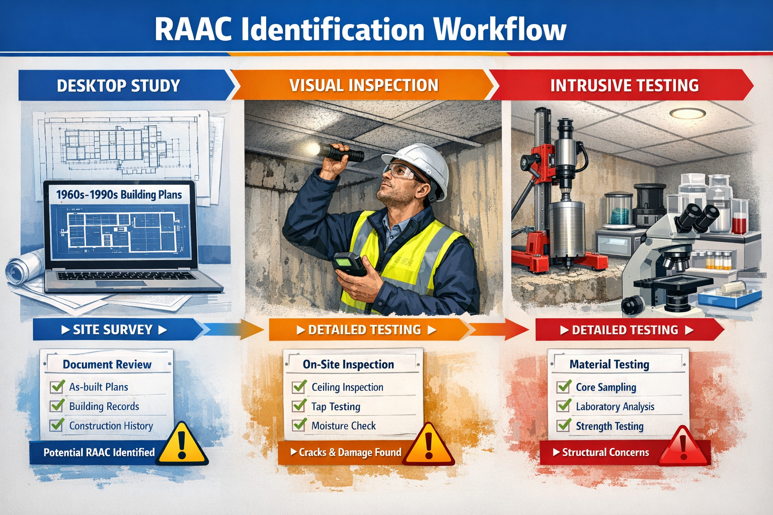 () detailed infographic showing RAAC identification workflow with three distinct phases. Left section displays desktop study