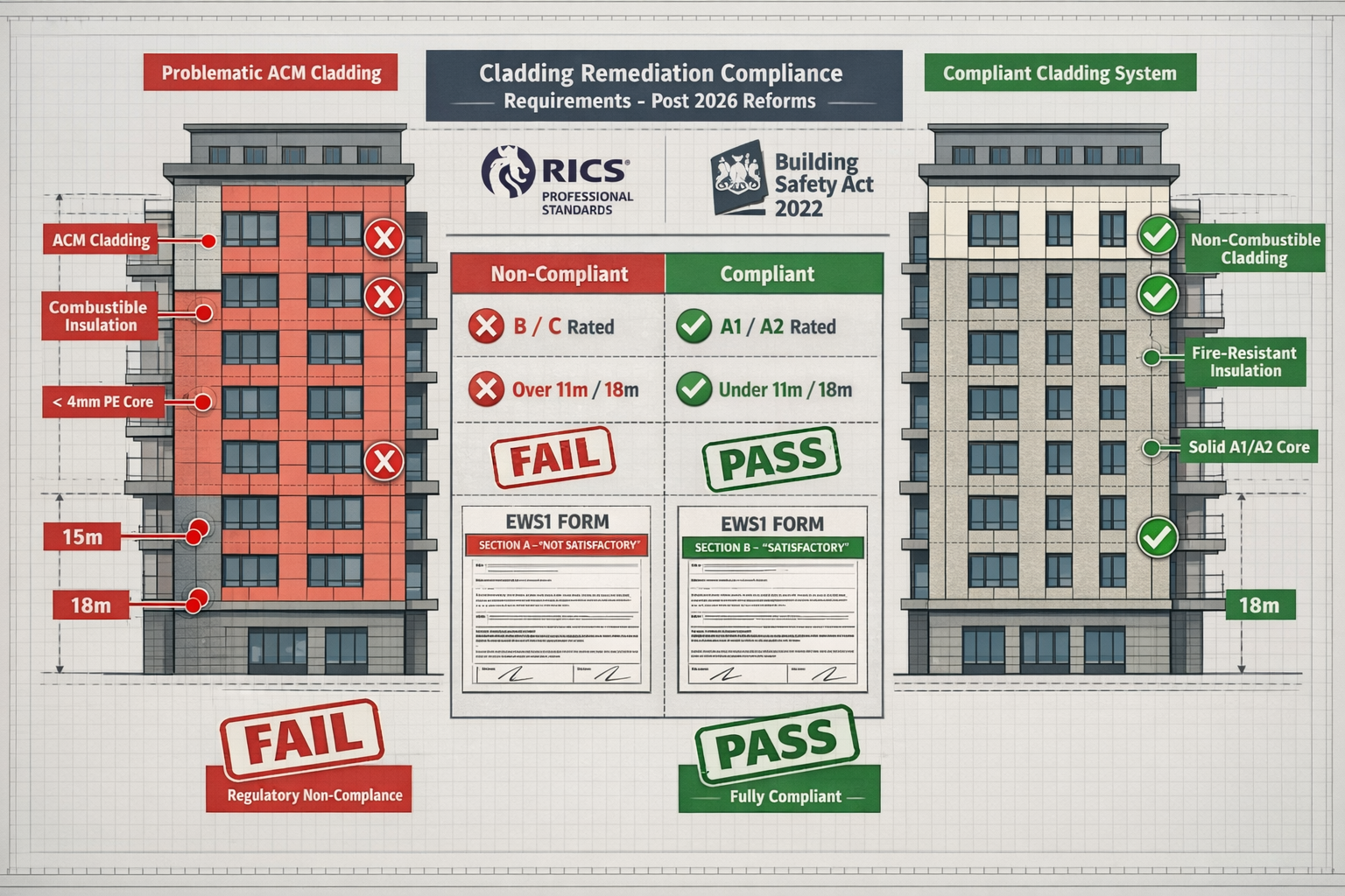() comprehensive comparison table visualization showing cladding remediation compliance requirements post-2026 reforms.