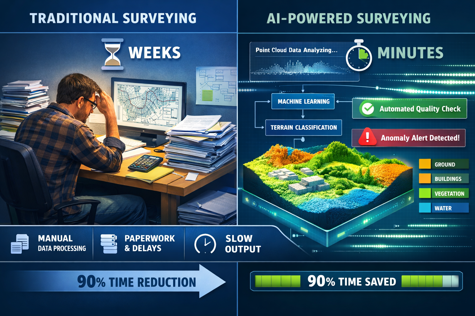 Landscape format (1536x1024) editorial image showing split-screen comparison of traditional surveying workflow versus AI-powered workflow. L