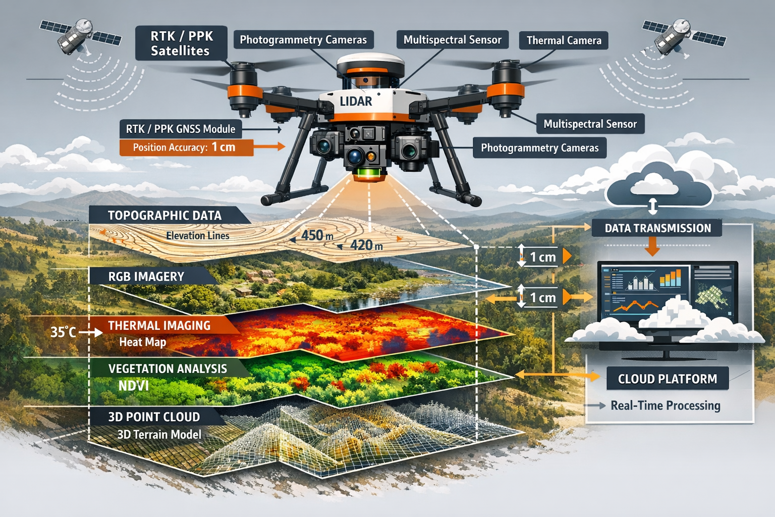 Landscape format (1536x1024) detailed visualization of multi-sensor drone system in action over diverse terrain. Show UAV equipped with sync