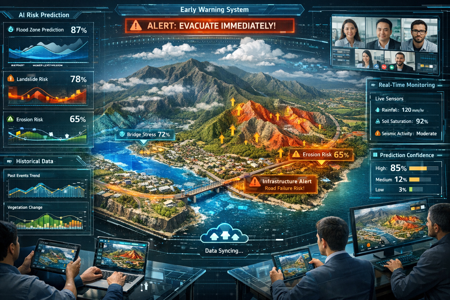 Landscape format (1536x1024) interactive 3D digital twin visualization showing comprehensive risk prediction and monitoring. Central element