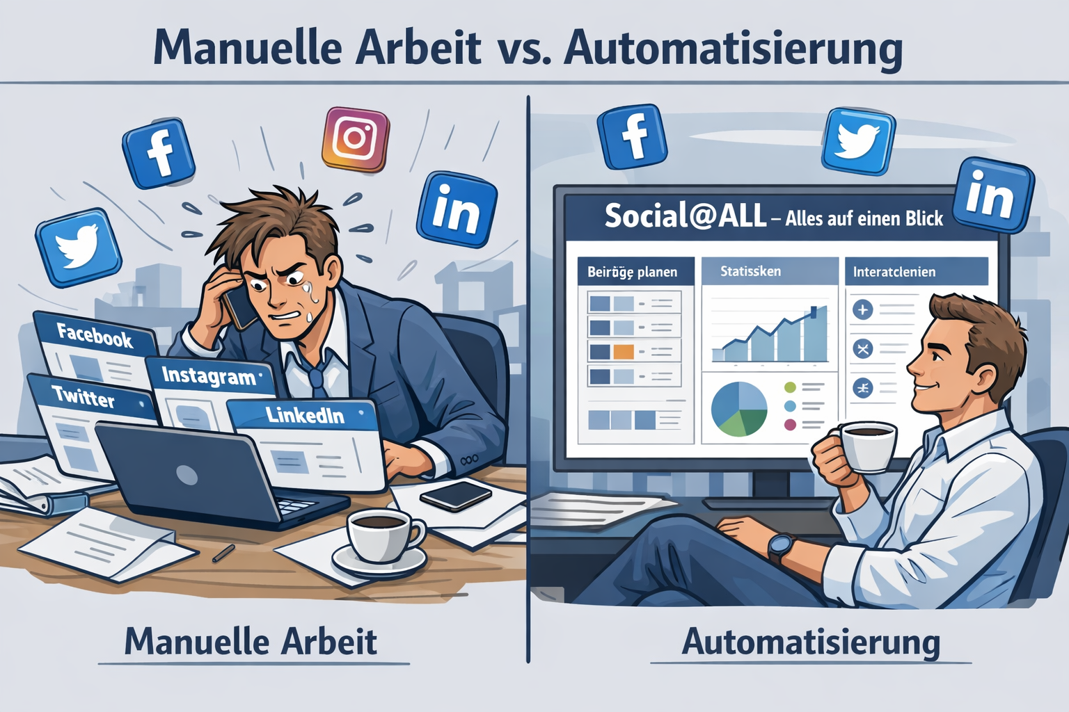 () concept illustration showing a split-screen comparison: left side depicts a stressed German marketing professional