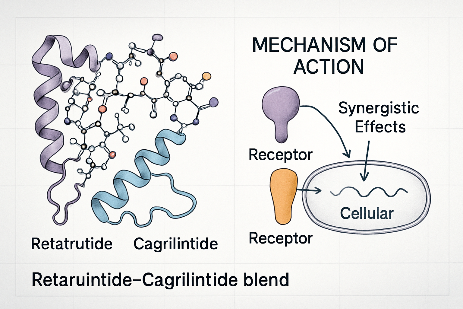A detailed illustration of Reta-Cagrilintide blend's molecular structure shown alongside a conceptual diagram of its proposed mechanisms of