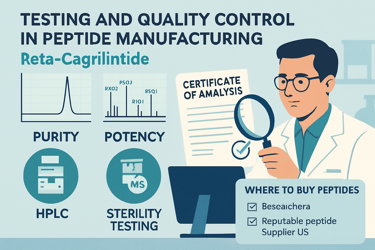An infographic illustrating the rigorous testing and quality control processes involved in peptide manufacturing, specifically for advanced