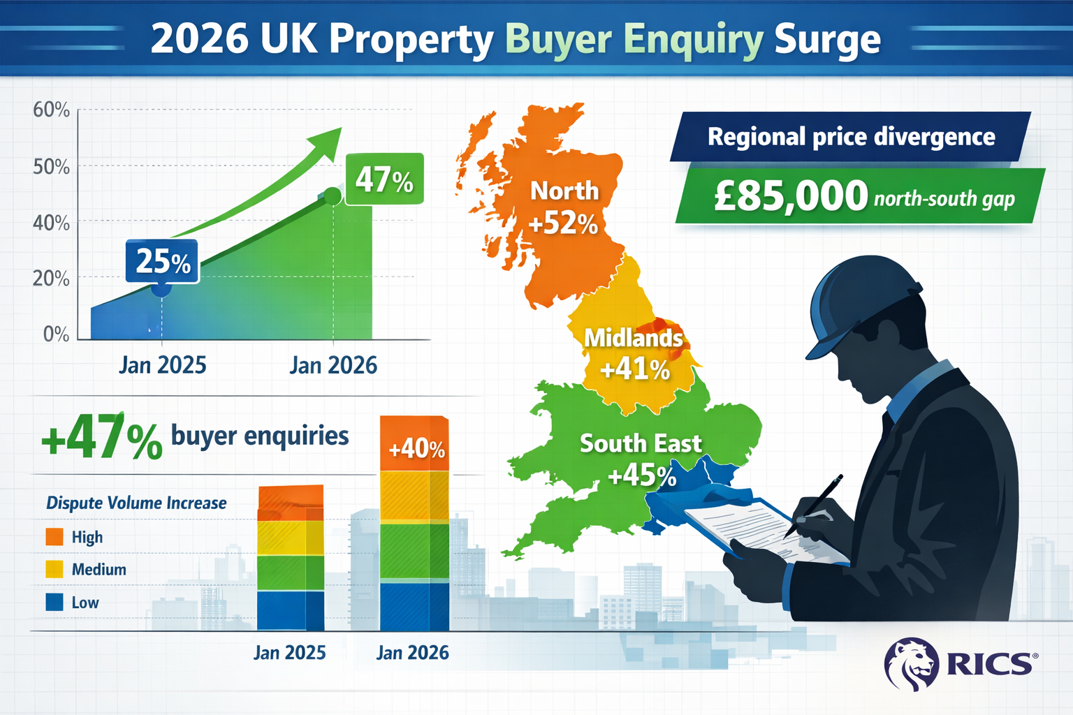 Detailed landscape format (1536x1024) infographic showing 2026 UK property buyer enquiry surge statistics with upward trending line graph co