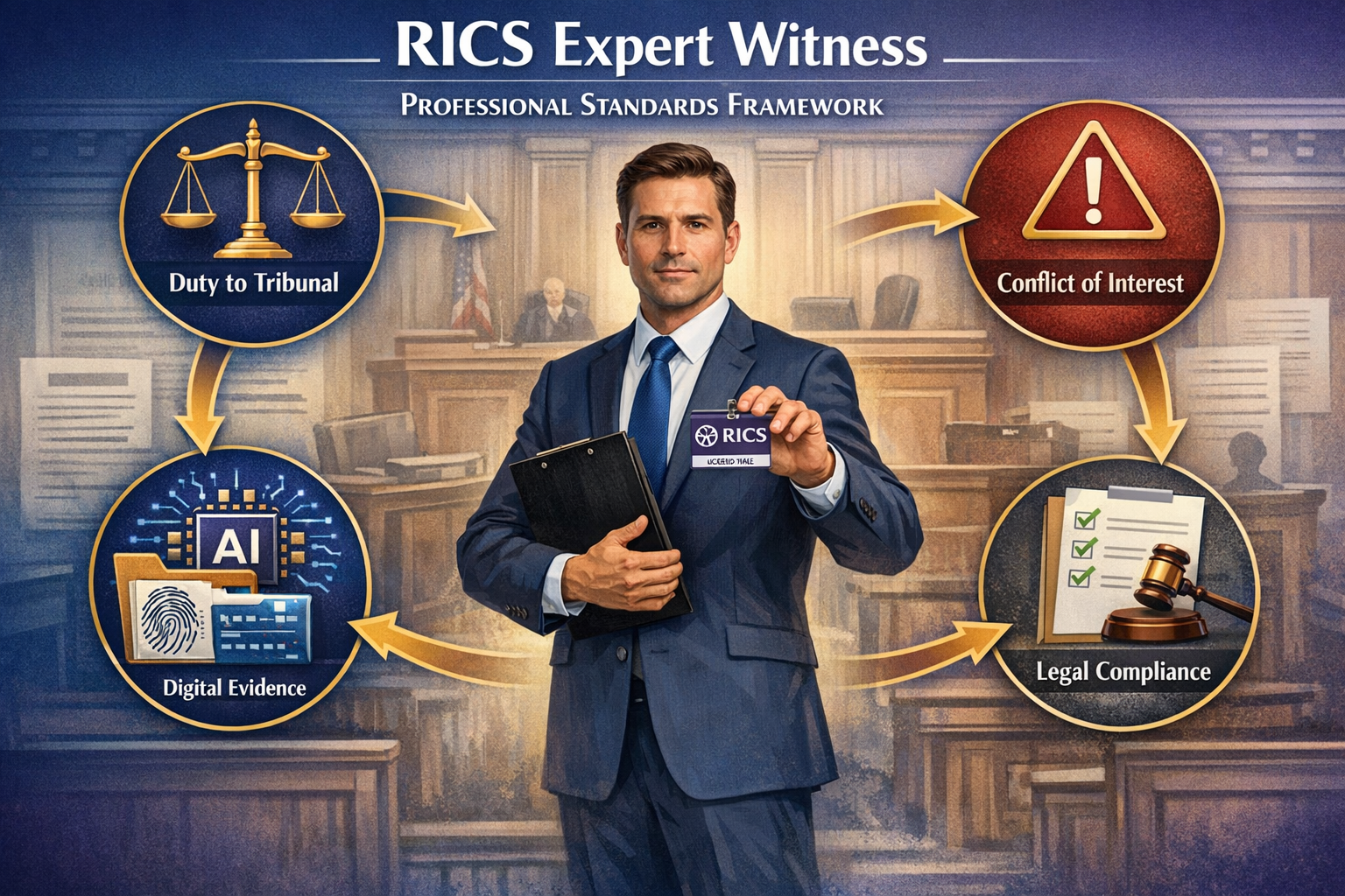 Detailed landscape format (1536x1024) conceptual illustration depicting RICS expert witness professional standards framework with central fi