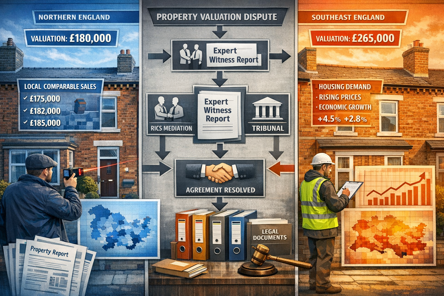 Detailed landscape format (1536x1024) split-screen comparison image showing regional property valuation dispute scenarios. Left panel: North