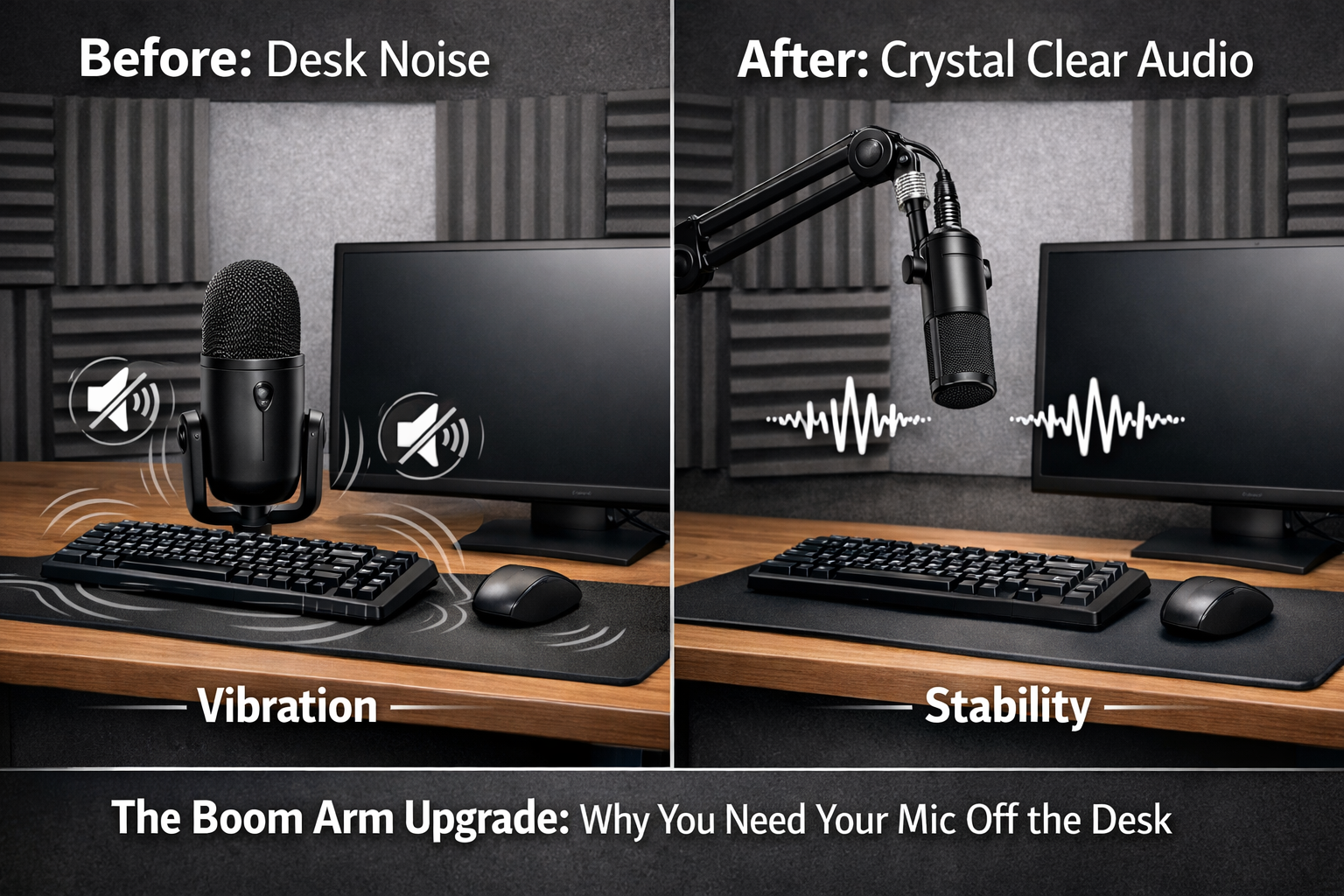 A comparative visual showing two desk setups side-by-side: one with a large, traditional desktop microphone picking up vibrations from a key