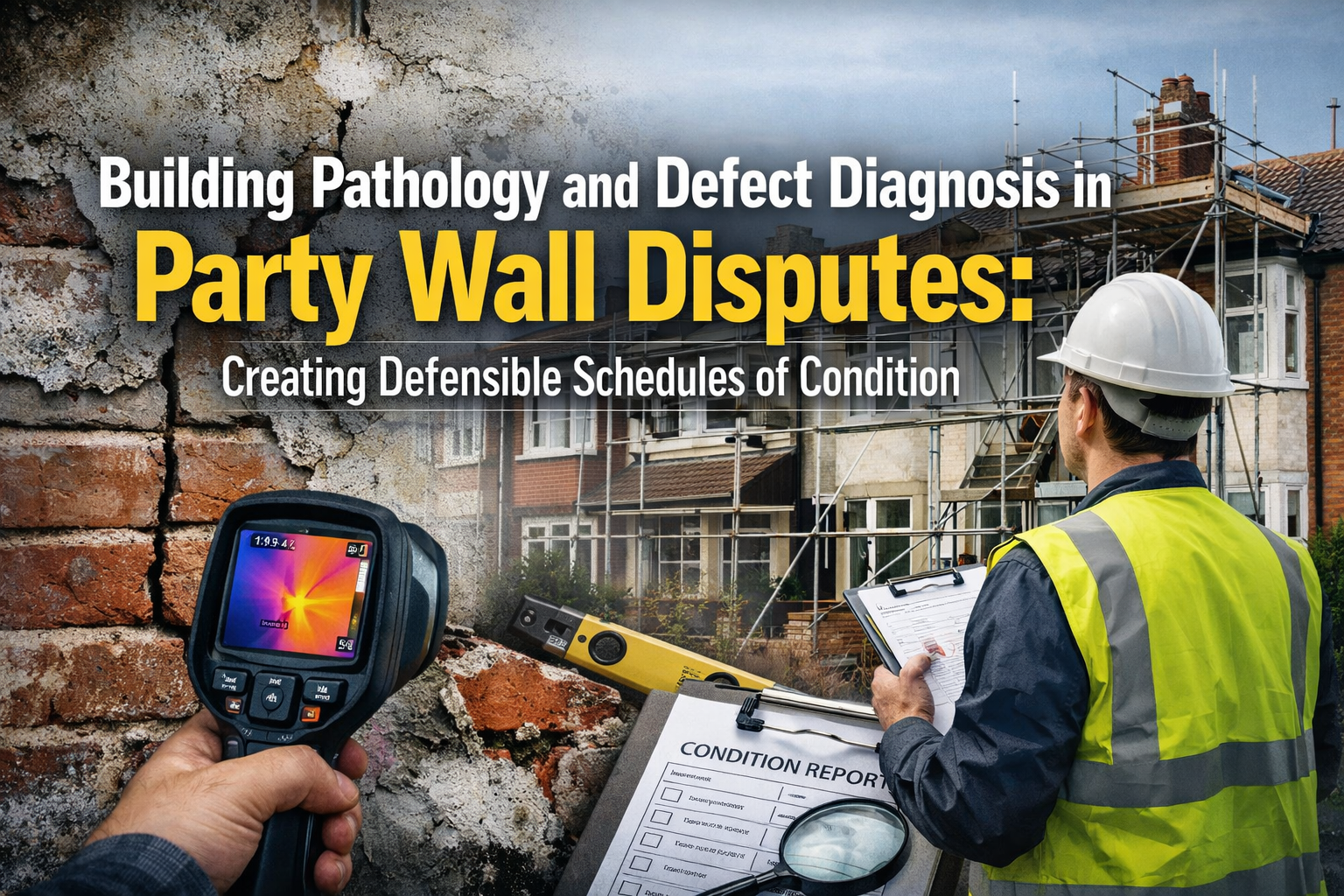 Professional landscape hero image () with : "Building Pathology and Defect Diagnosis in Party Wall Disputes: Creating