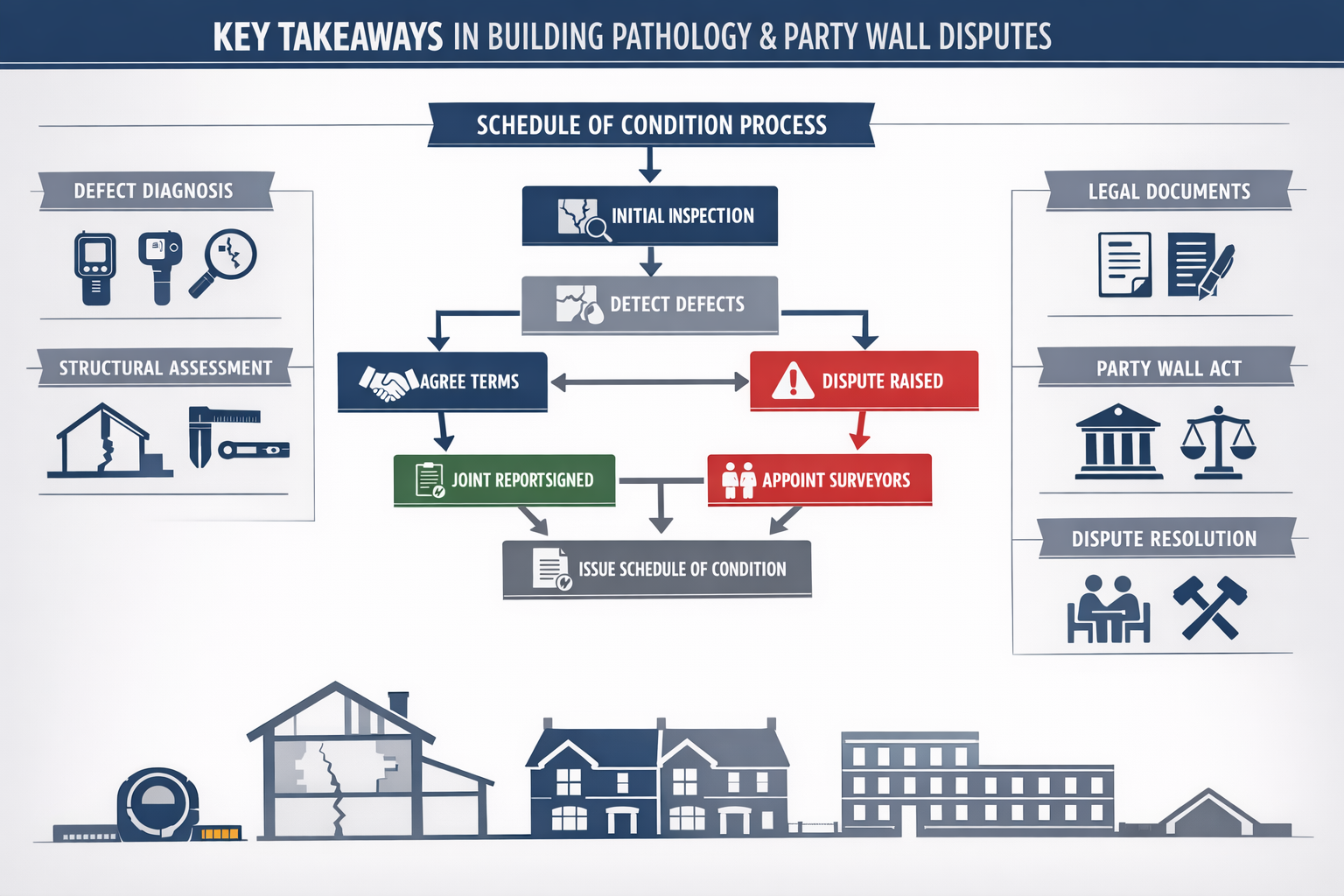 Comprehensive visual summary infographic for 'Key Takeaways' in building pathology and party wall disputes, featuring