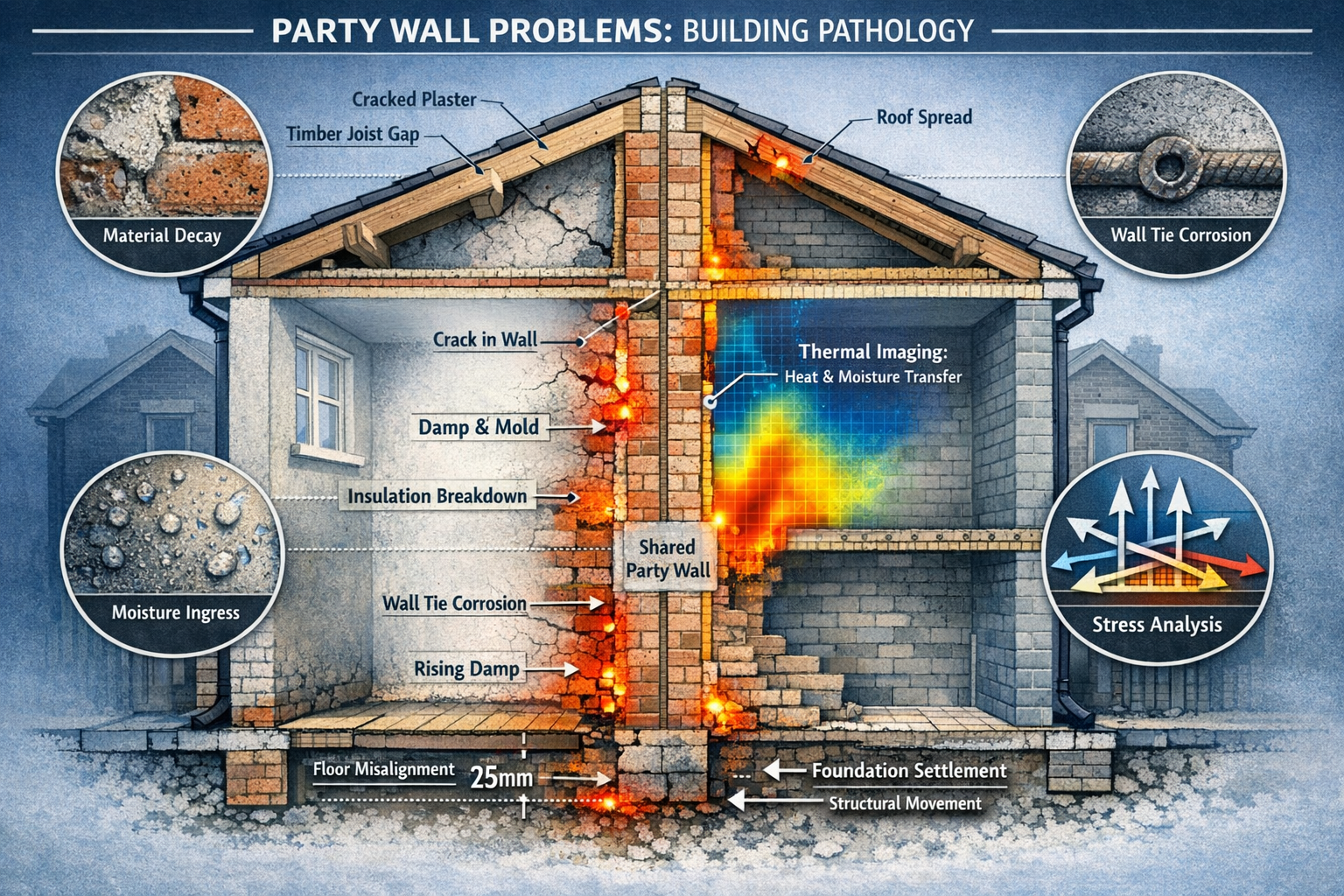 Technical illustration depicting building pathology in party wall contexts, showcasing detailed architectural cross-section