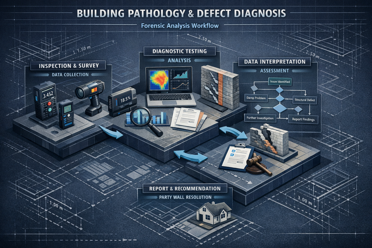 Comprehensive methodological assessment diagram for building pathology and defect diagnosis, featuring intricate forensic