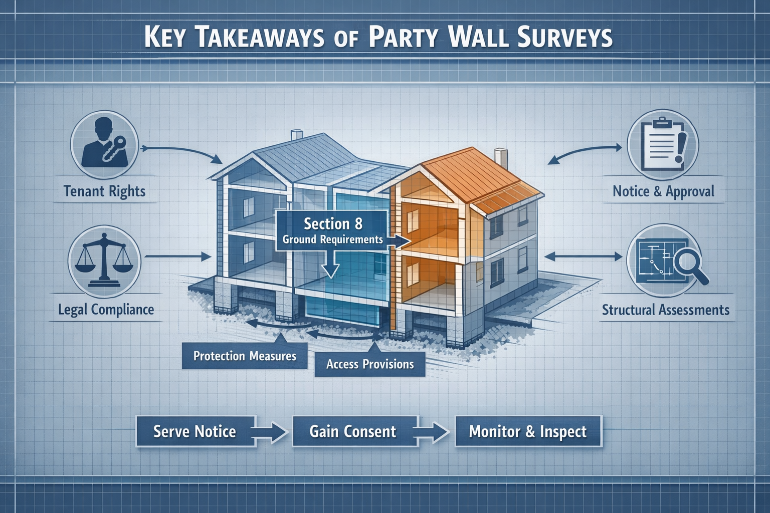 Infographic-style visual representing 'Key Takeaways' for Party Wall Surveys, featuring a clean, architectural