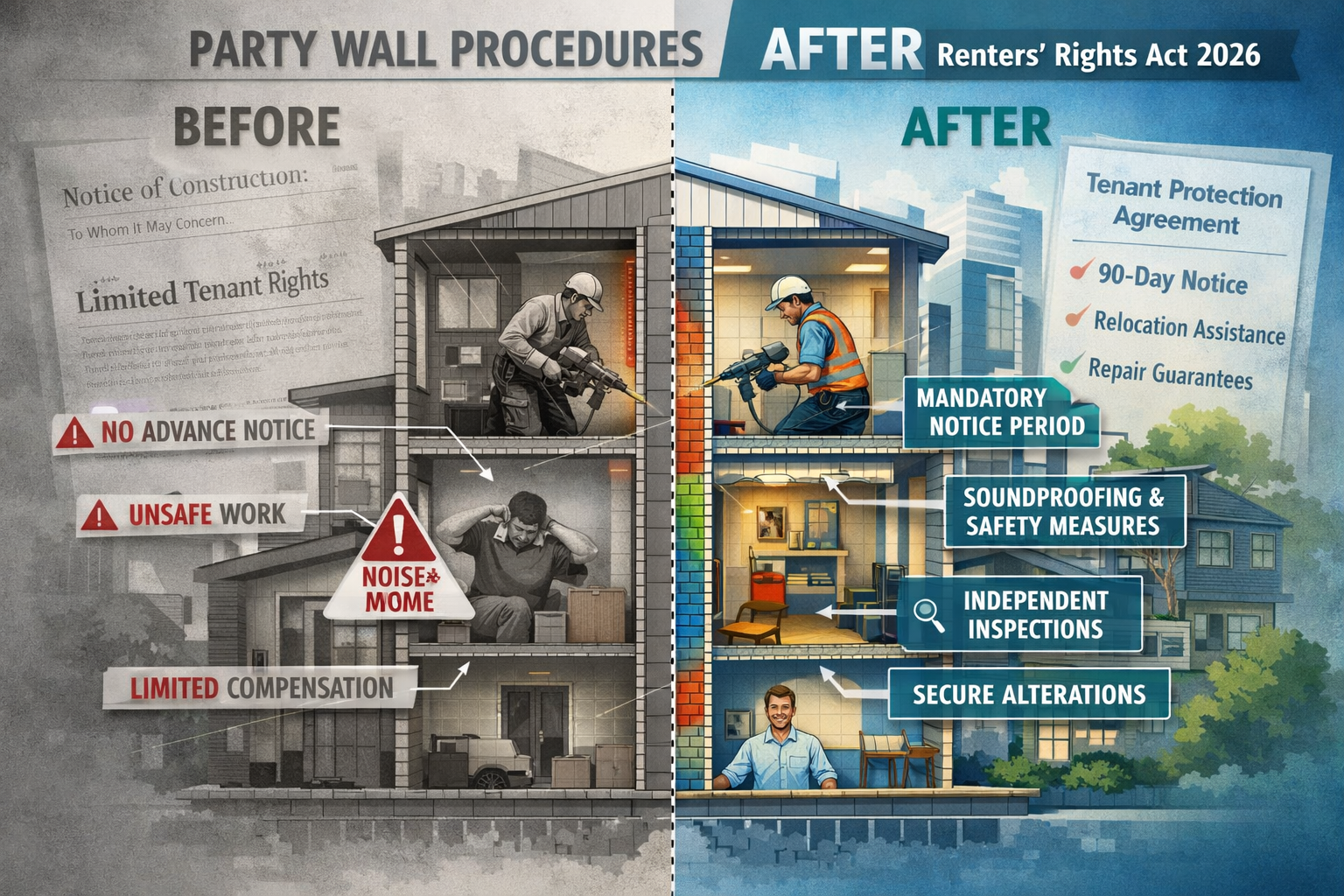 Architectural visualization depicting the legislative transformation under Renters' Rights Act 2026, featuring a