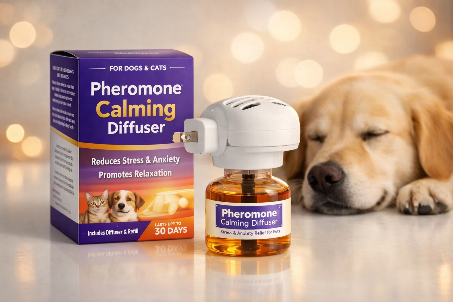 Professional product packaging showcase of a pheromone calming diffuser for pets, shown on a clean white studio surface with