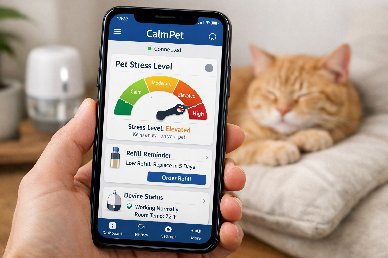 Professional mobile app view mockup for a smart pet calming pheromone device, showing app dashboard with pet stress level