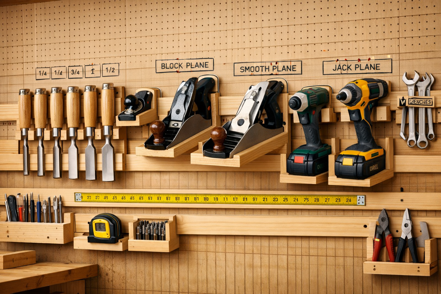 Detailed () image focusing on a French cleat system in a workshop. The image shows various tools, including chisels, hand