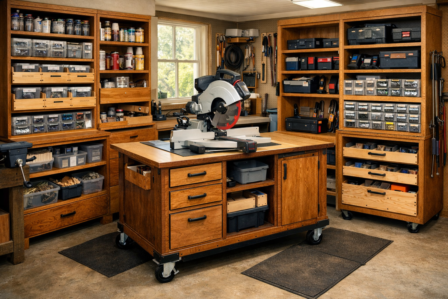 Detailed () image showcasing modular storage cabinets and mobile tool carts in a bustling, but organized, workshop. The