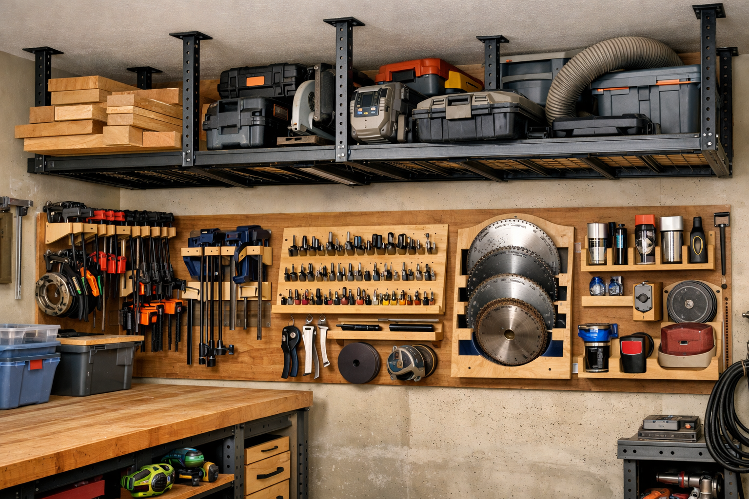 Detailed () image illustrating an optimized overhead storage system and specialized tool holders in a workshop. The scene