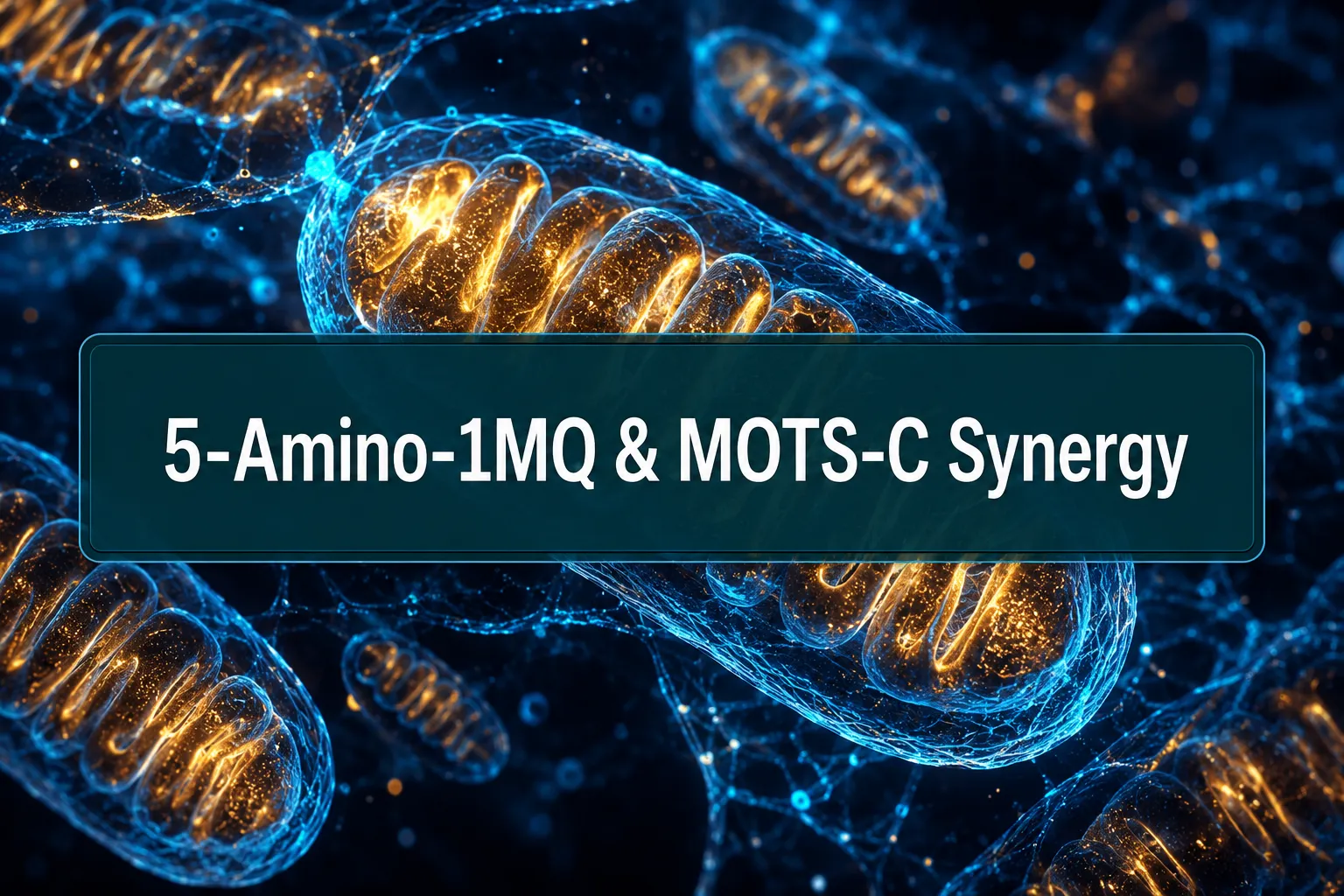 Professional () hero image with (≤42 chars): '5-Amino-1MQ & MOTS-C Synergy' in crisp white on a deep teal semi-transparent
