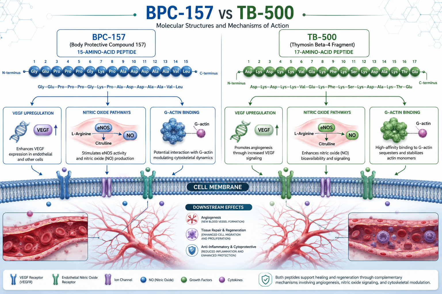 Detailed () scientific illustration showing side-by-side molecular diagrams of BPC-157 (15-amino-acid chain highlighted in