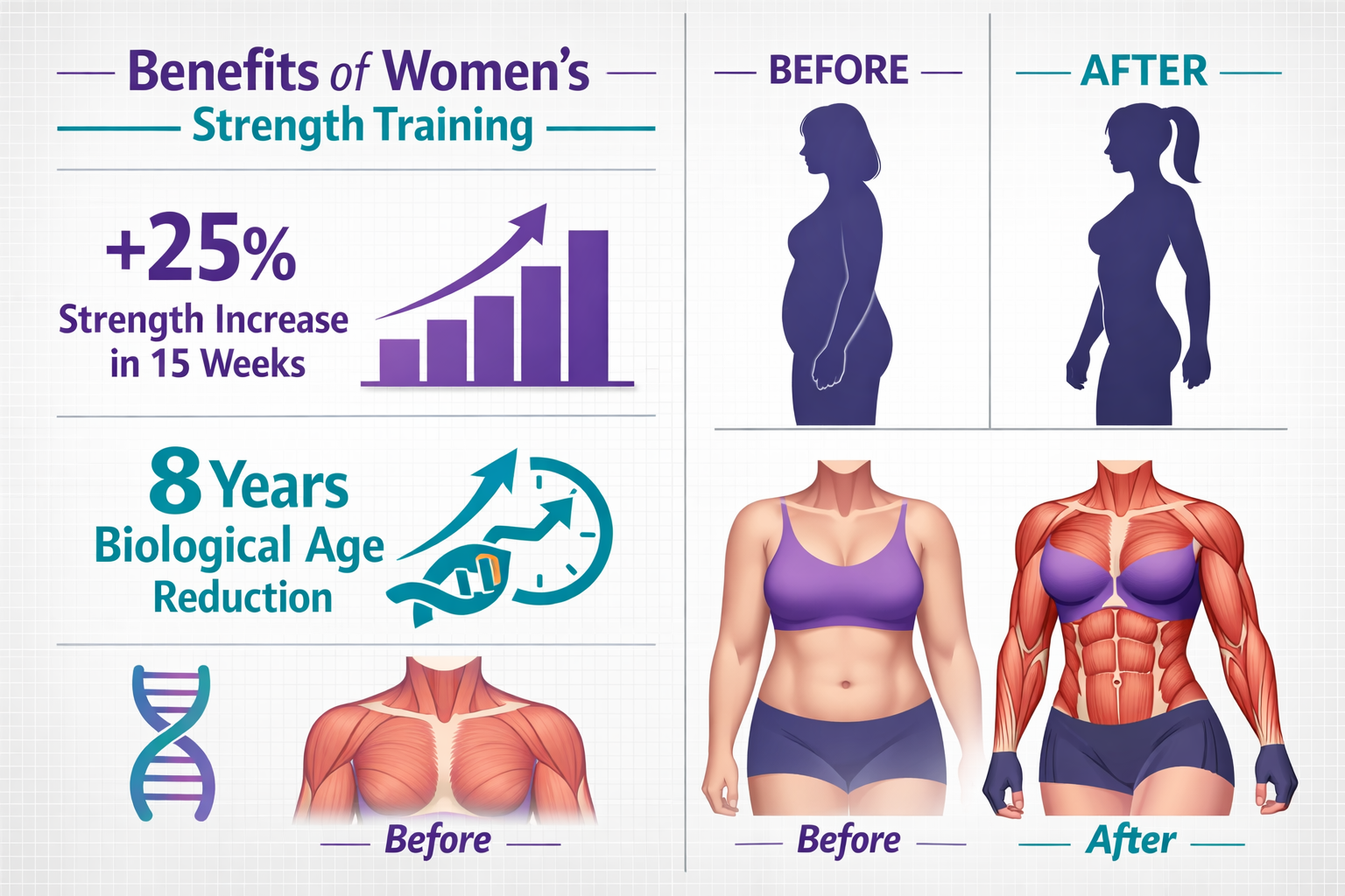 Landscape format (1536x1024) infographic showing women's strength training benefits with split-screen design: left side displays scientific 