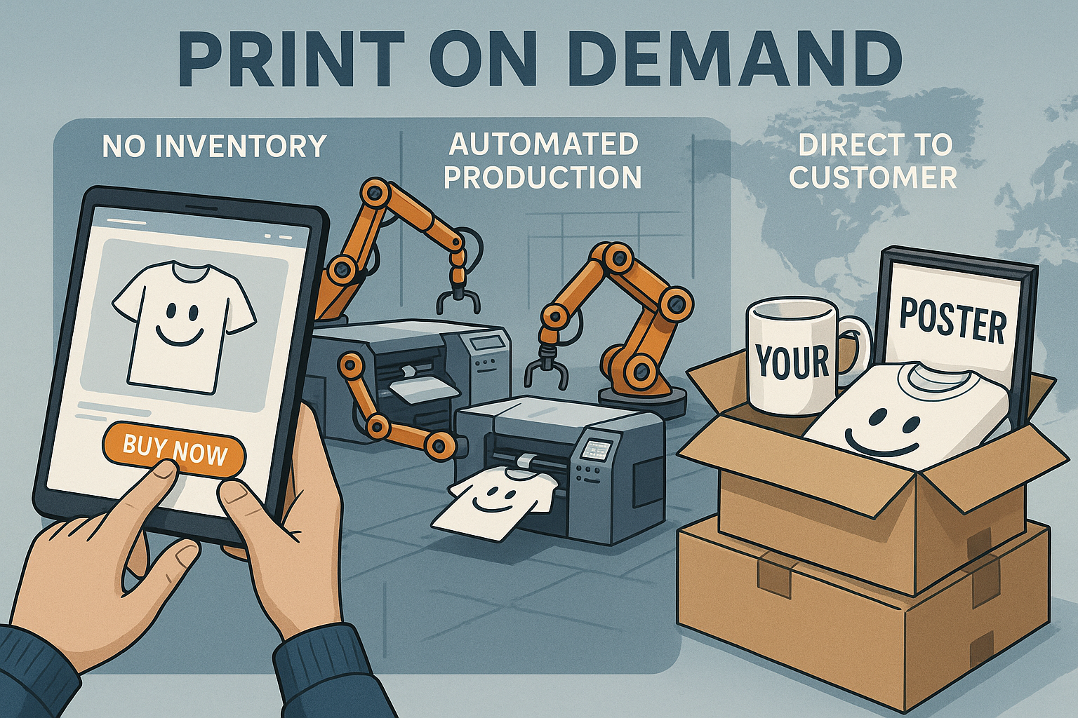 A detailed editorial-quality landscape image (1536x1024) depicting the core concept of 'print on demand'. The left side shows a customer bro