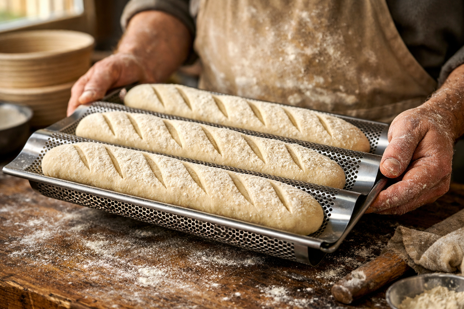 Close-up editorial photograph (1536x1024) of artisan baker's hands holding professional perforated baguette pan filled with perfectly scored
