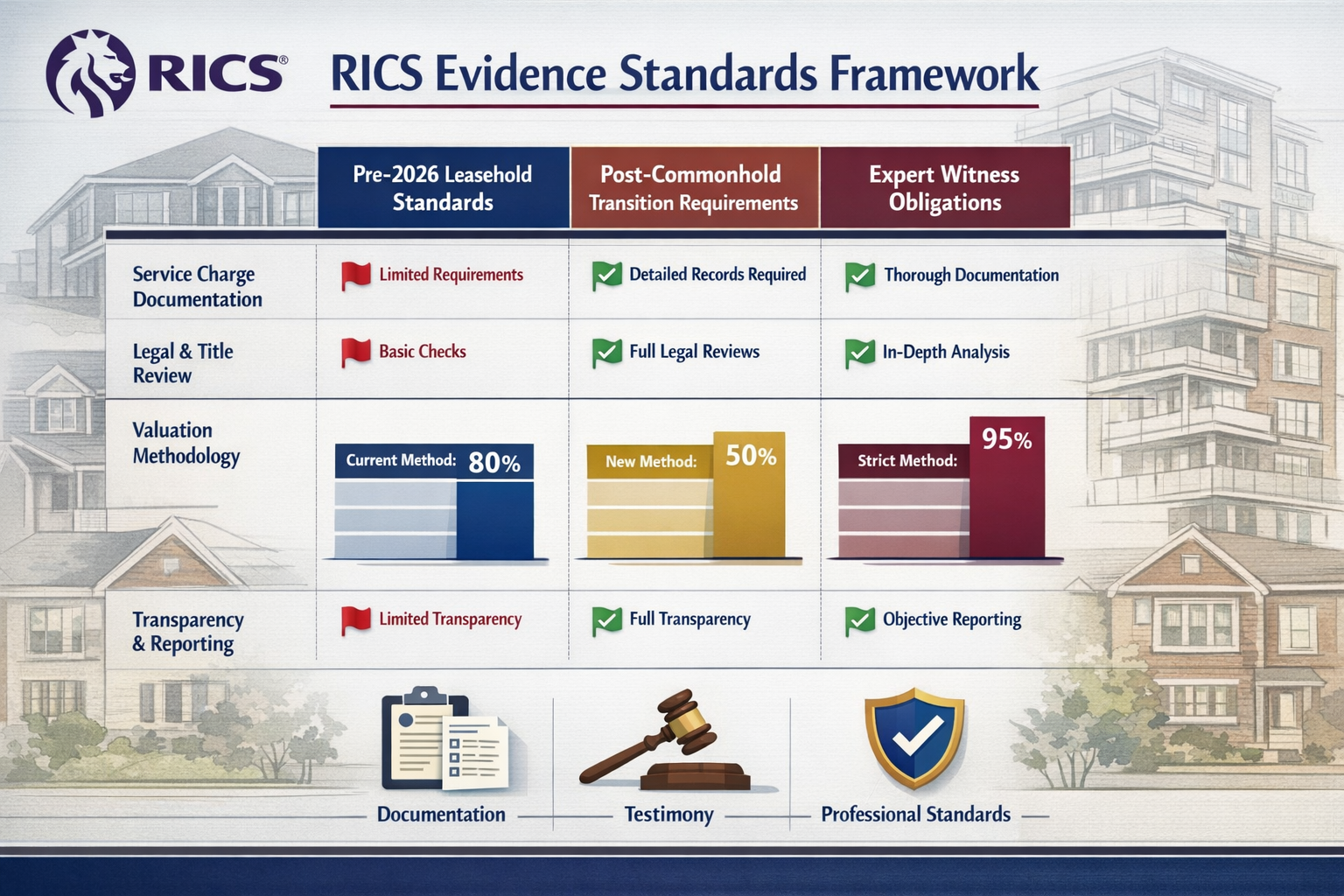 () detailed infographic showing RICS evidence standards framework with three-column comparison table: 'Pre-2026 Leasehold