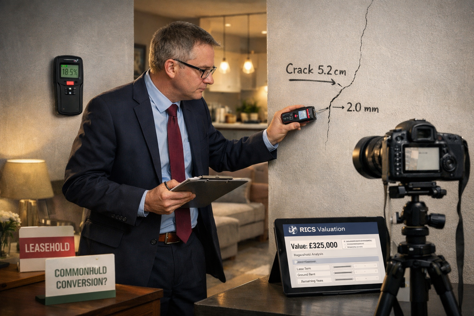 () professional scene showing expert witness surveyor conducting property inspection for leasehold dispute case, wearing